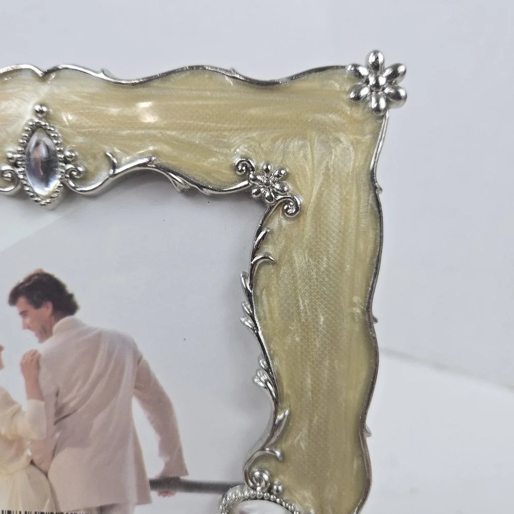 Decorel 5x7 Ornate Filigree Photo Frame Beige Enamel and Jewels Free Standing